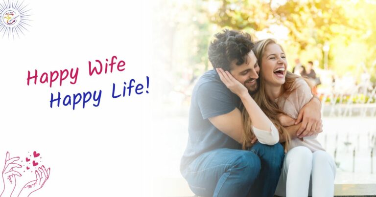 Beziehungscoaching Kommunikation: glückliches Paar mit Spruch happy wife happy life